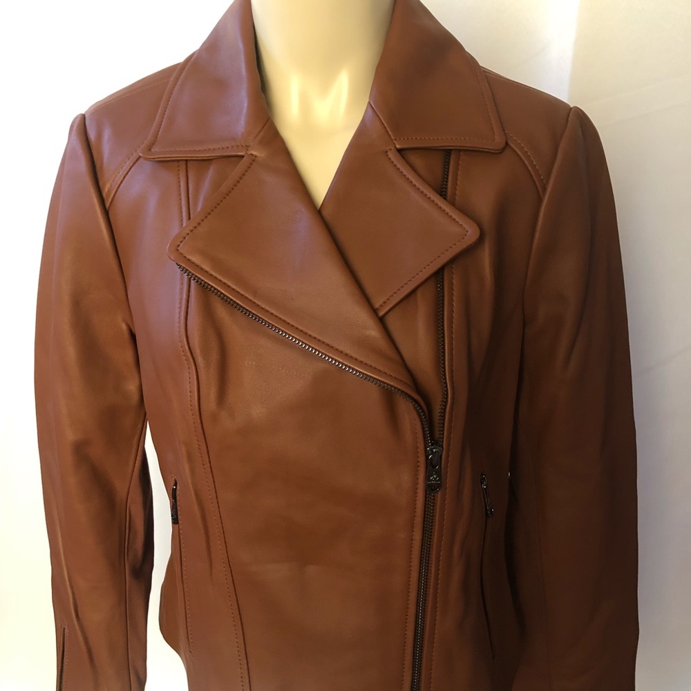 SAM EDELMAN Cognac Lambskin Leather Moto Jacket, Size M, NWT